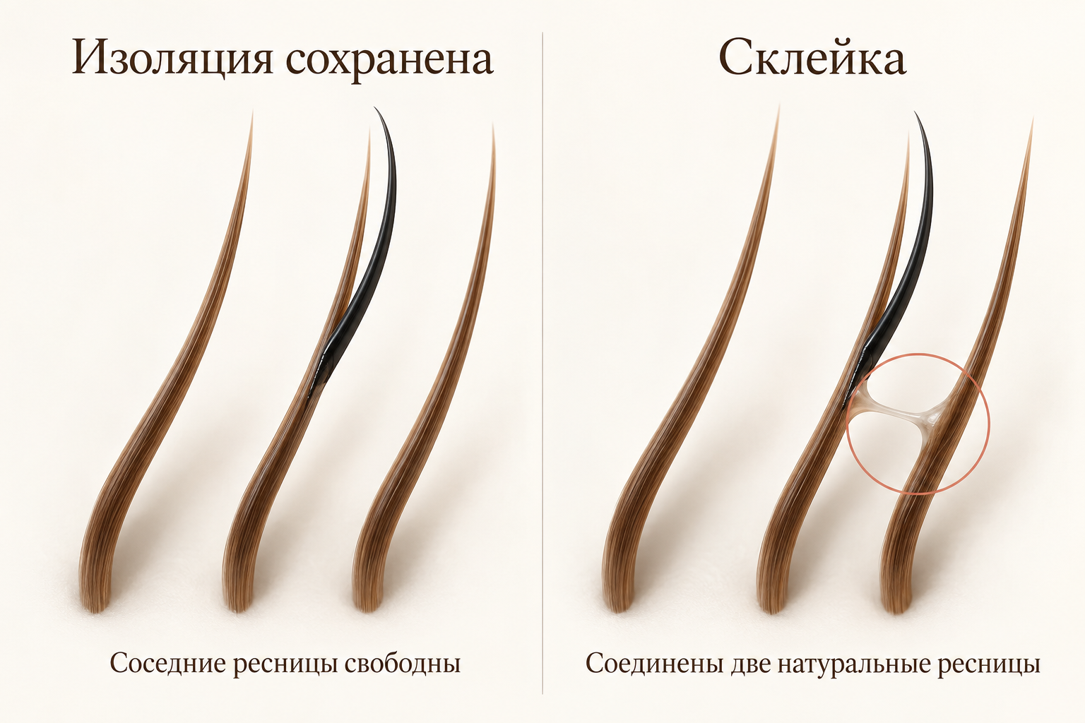 Отдельно прикреплённая ресница и склейка двух натуральных ресниц